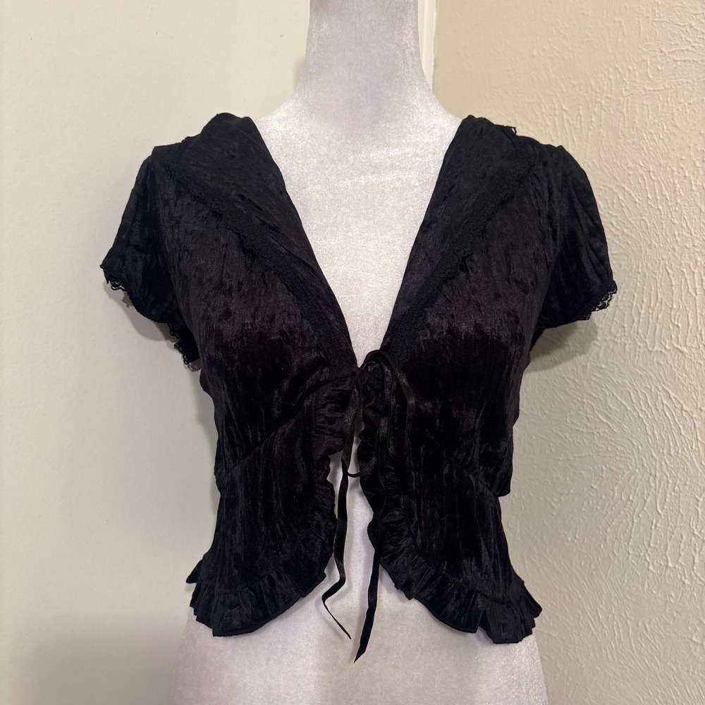 Wtg Y2K Fang Black Crushed Velvet Tie Front Shrug Lace Trim Ruffle Top XL NWT